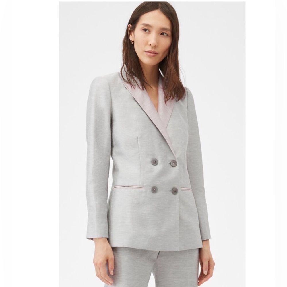 NWT REBECCA TAYLOR Double-Breasted Slub Linen Blend Blazer Longline Gray Size 2